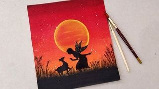 Simple Sunset Painting with Fairy & Deer for beginners |Simple Acrylic Sunset Painting for beginners