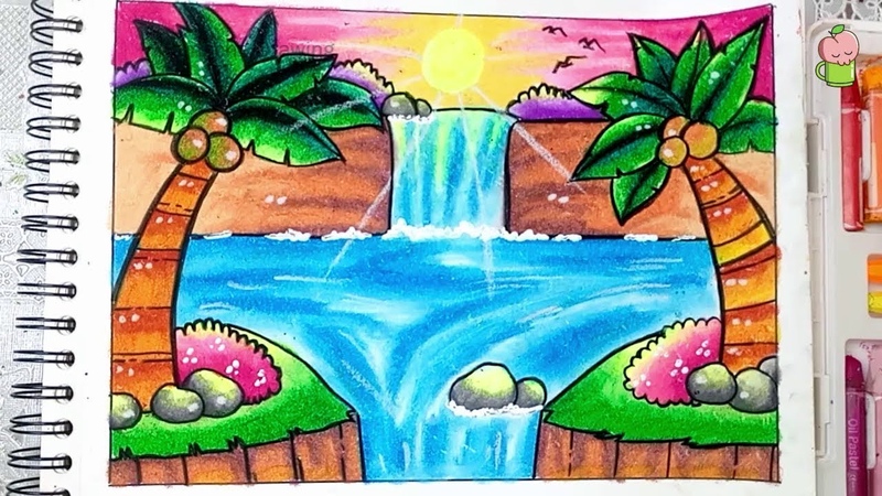 Pemandangan Air Terjun Cara menggambar dan mewarnai gradasi oil