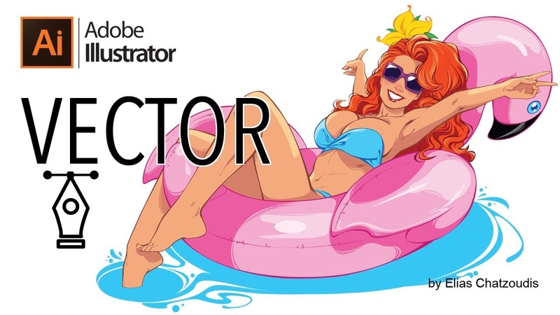 Vector Pinup Girl with Pink Flamingo with the Pen Tool(
