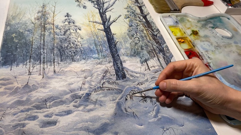 WATERCOLOR PAINTING, WINTER FOREST. How to paint snow and soft